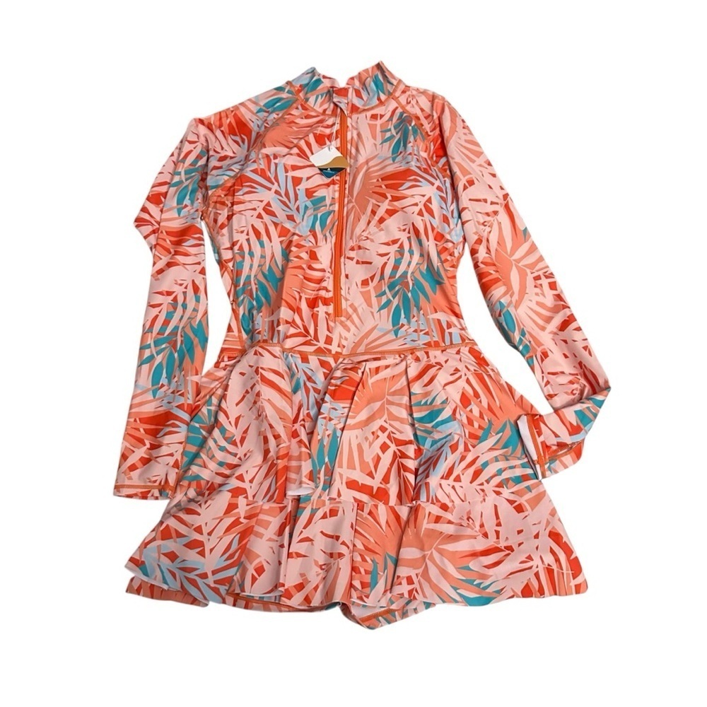 Vibrant Orange and Blue Leaf Print One-Piece Swimsuit - Picture 2 of 4